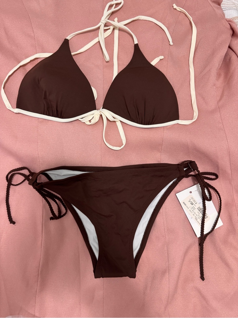 Women’s Brown Two-Piece Tie-Side Bikini with Cream Trim - Masquenada- Size L